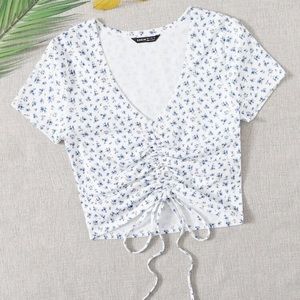 Drawstring Cropped Floral Top